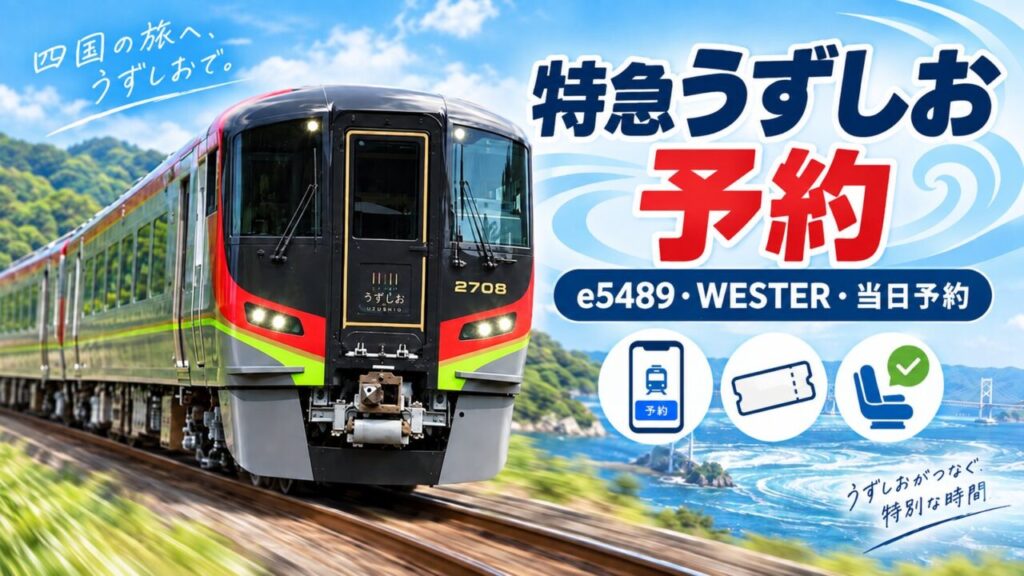 特急うずしお2708と「特急うずしお 予約」「e5489・WESTER・当日予約」の文字を配置したアイキャッチ画像