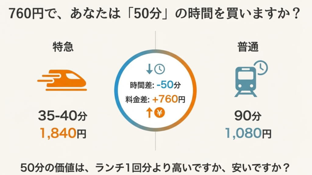 松山駅から今治駅の移動で特急料金760円を払うと50分短縮できる比較図