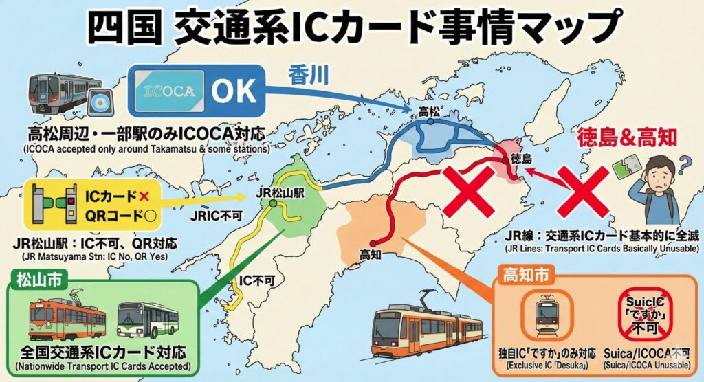 JR四国のICOCA利用可能エリアを確認する路線図