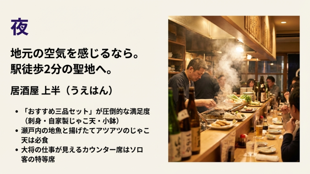 居酒屋上半のカウンター席と調理風景