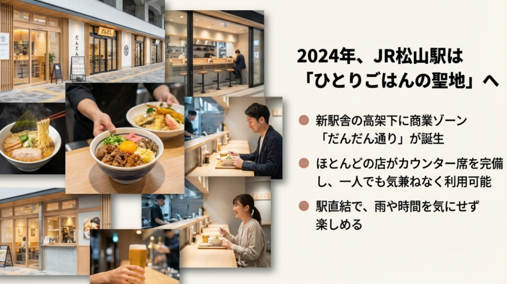 JR松山駅でひとりごはんは新駅舎だんだん通り