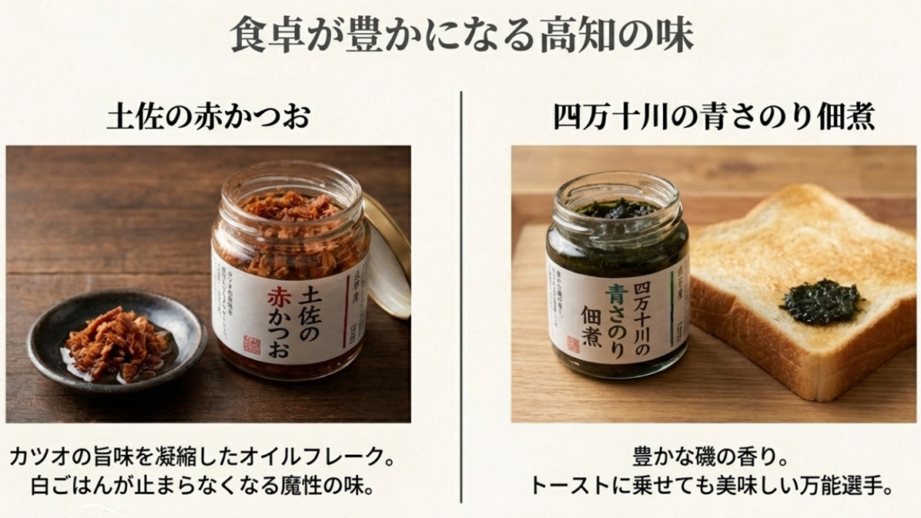 四万十川の青さのり佃煮と土佐の赤かつおの商品画像。白ごはんやトーストに合う