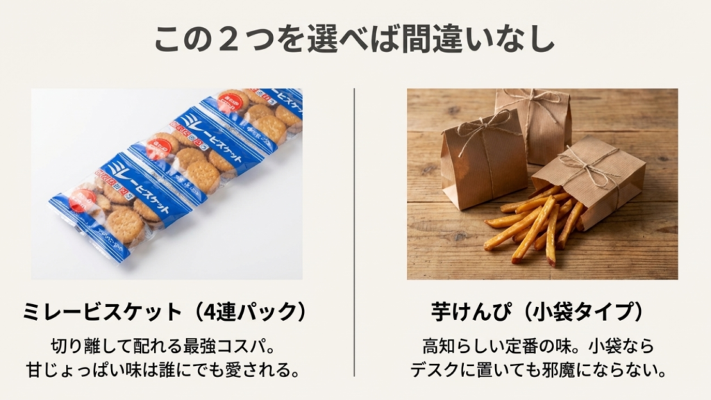 ミレービスケット（4連パック）と芋けんぴ（小袋タイプ）。切り離して配れるコスパと、デスクに置いても邪魔にならないサイズ感を推奨する