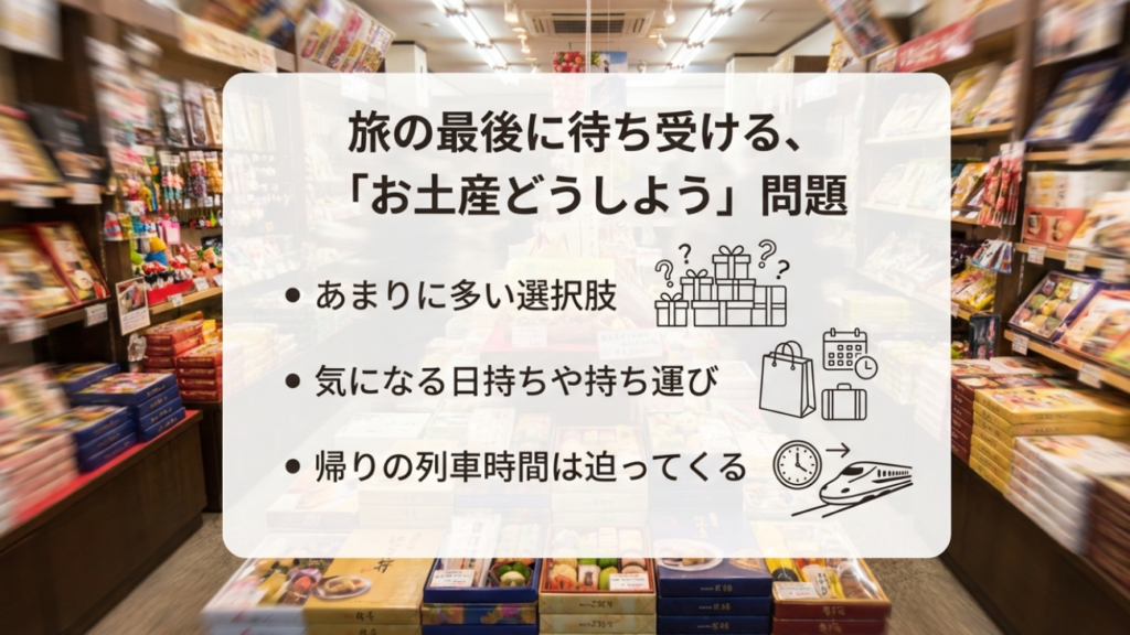 旅の最後に待ち受ける「お土産どうしよう」問題。選択肢の多さ、日持ち、列車の時間が迫る焦りを図解