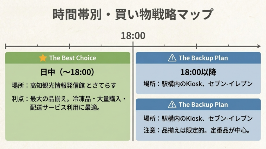 18時までは「とさてらす」で全商品をチェック、18時以降は駅構内Kioskやセブンイレブンを利用するという時間帯別戦略
