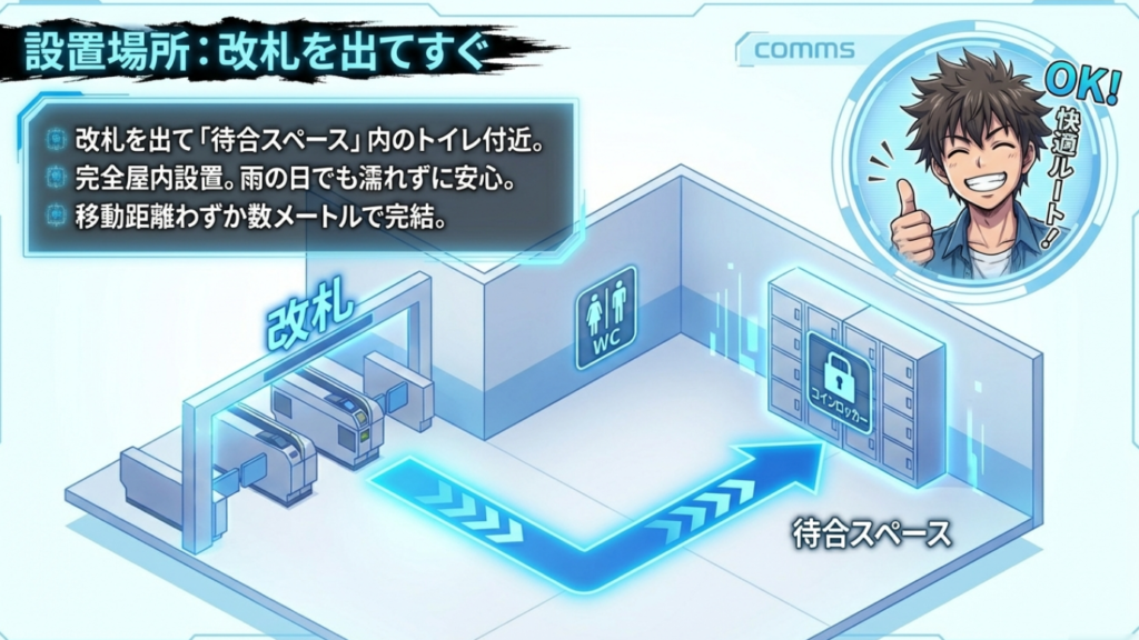 改札を出てすぐの待合スペースにあるコインロッカーの位置とトイレへの動線図