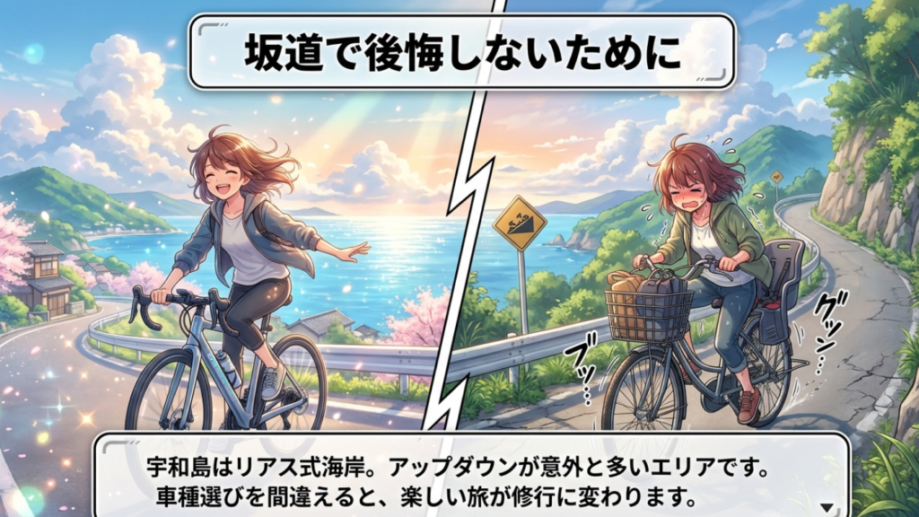 宇和島駅のレンタサイクル攻略!九島コースや料金・荷物預かりを徹底解説 1 宇和島はリアス式海岸でアップダウンが多い地形。車種選びの重要性を解説するイラスト。