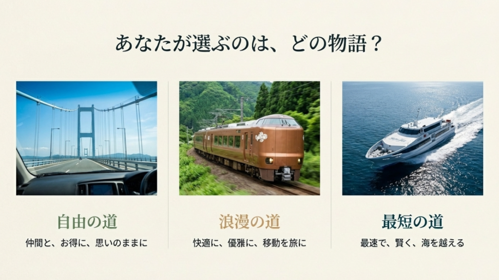 松山から出雲大社への行き方3選（車・JR特急・高速船とバス）のイメージ比較