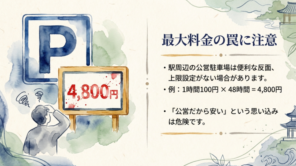 宇和島駅周辺の公営駐車場における最大料金未設定の注意点と高額請求リスクの図解
