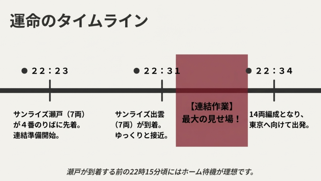 サンライズ瀬戸・出雲 岡山駅 連結作業 到着時刻と発車時刻のタイムライン図解