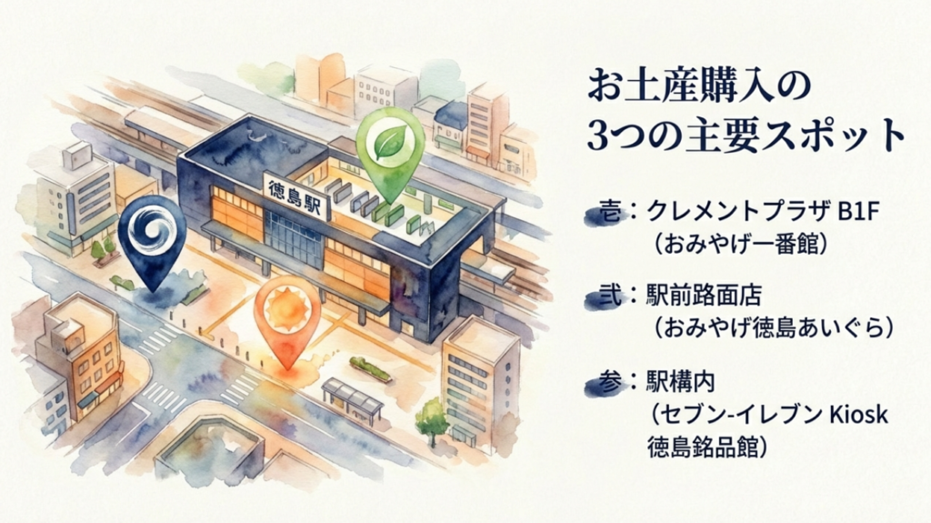 徳島駅でお土産が買える3つの場所（クレメントプラザ、駅前あいぐら、キヨスク）の比較チャート