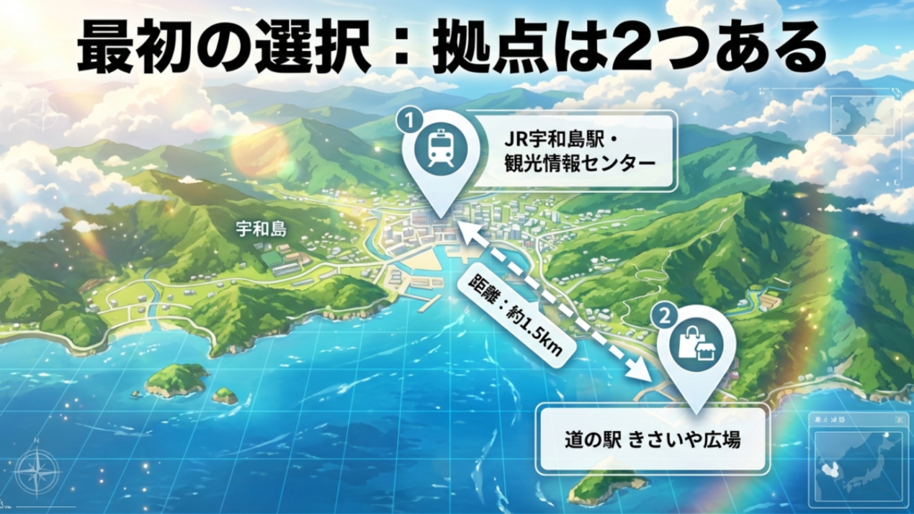 宇和島駅のレンタサイクル攻略!九島コースや料金・荷物預かりを徹底解説 2 JR宇和島駅とレンタサイクル拠点きさいや広場は約1.5km離れていることを示す地図イラスト。