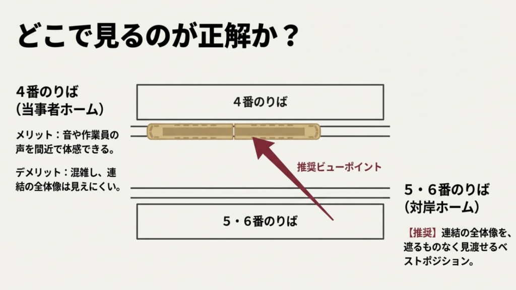 岡山駅 サンライズ瀬戸・出雲 連結撮影場所 4番のりばと5・6番のりばの位置関係図