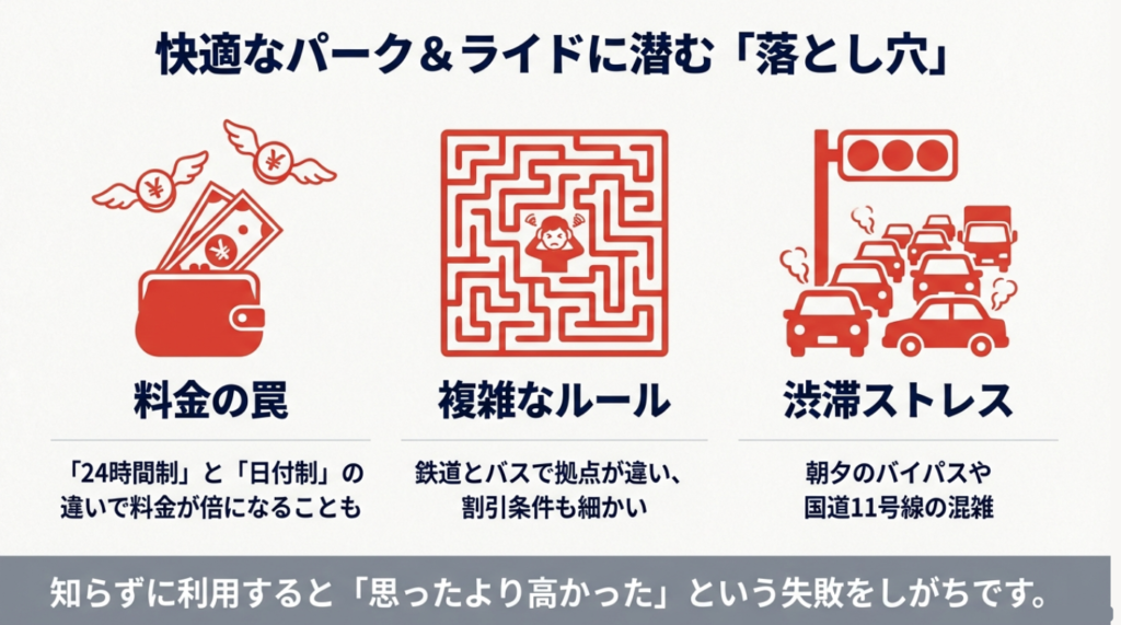 徳島での移動における渋滞ストレスや駐車場料金の悩み、複雑なルールを図解したイラスト