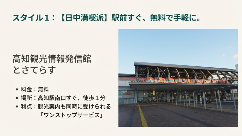 高知駅南口にあるガラス張りの建物「高知観光情報発信館とさてらす」。日中の自転車レンタル受付場所 。