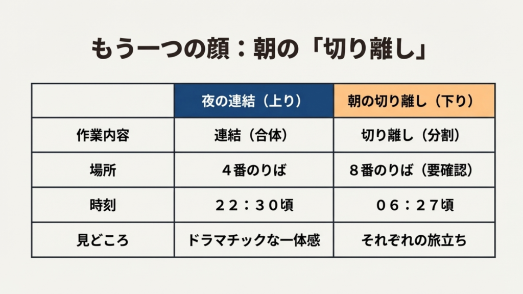 サンライズ瀬戸・出雲 上り連結と下り切り離しの時刻・のりば比較表