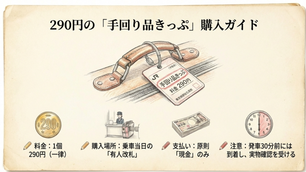 サンライズ瀬戸にペット同伴の基本:料金と個室条件を徹底解説 2 手回り品きっぷの料金290円、現金払いのみ、乗車当日の有人改札での購入手順を図解したスライド。