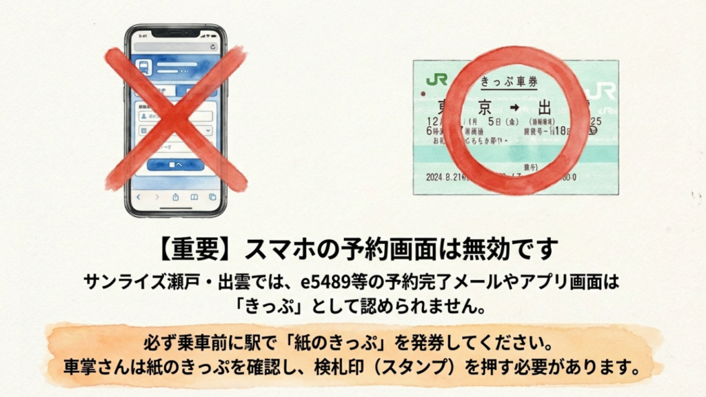 サンライズ瀬戸の検札はいつ?タイミングと切符の注意点を解説 8 スマホの予約画面にバツ印がついたイラストと紙の切符に丸印がついたイラスト