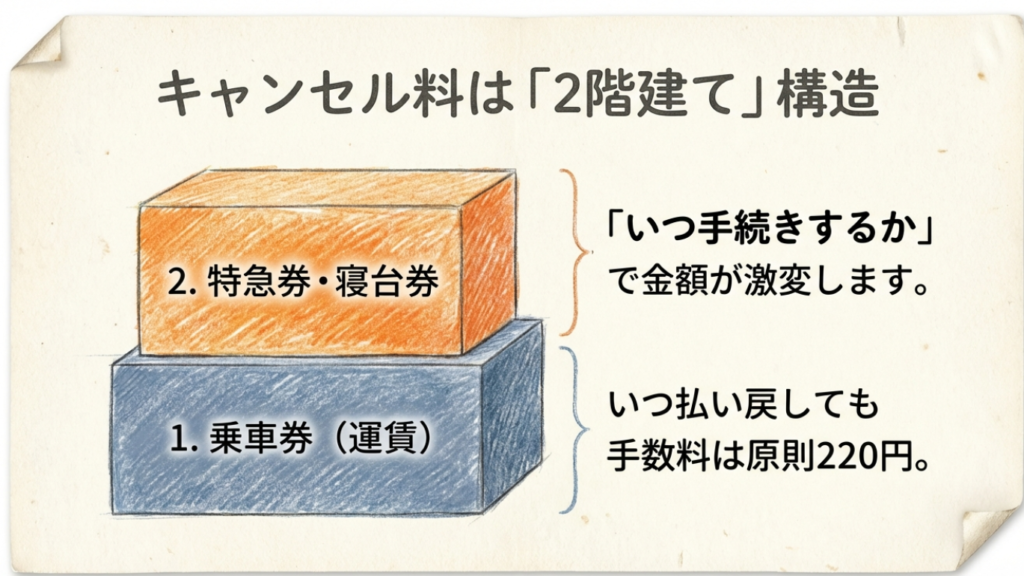 キャンセル料は「2階建て」構造。乗車券の手数料は一定だが、特急券・寝台券は時期によって金額が変動することを示す図。