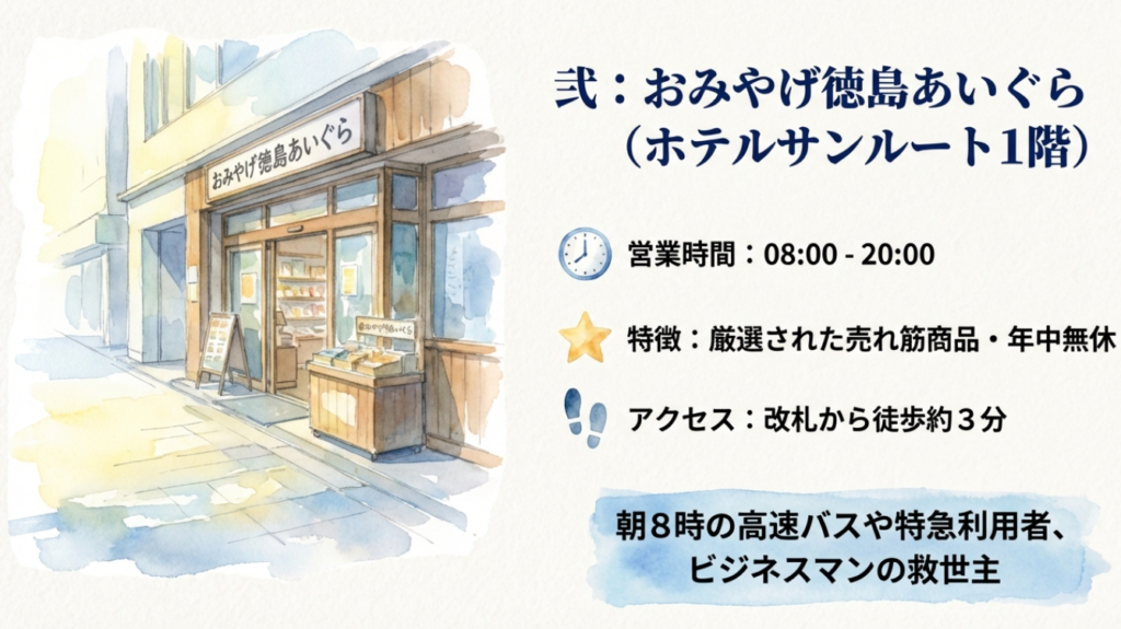 徳島駅前ホテルサンルート1階にあるおみやげ徳島あいぐら。朝8時から営業しており早朝出発に便利。