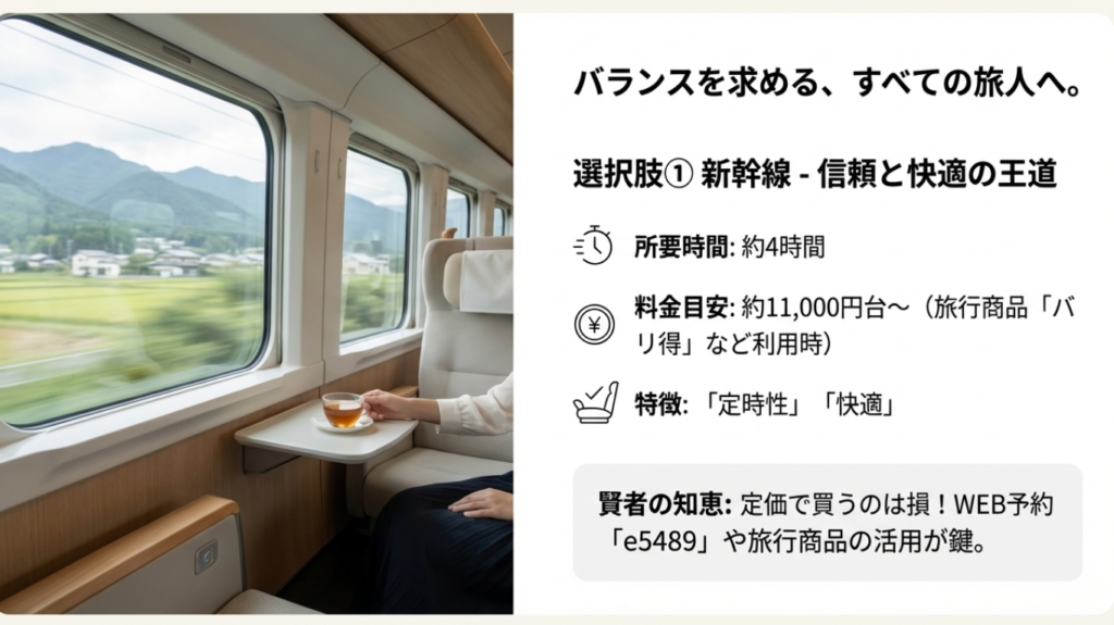 新幹線利用時のスペックまとめ。所要時間約4時間、料金目安11,000円台。定時性と快適性が特徴で、WEB予約e5489の活用を推奨。