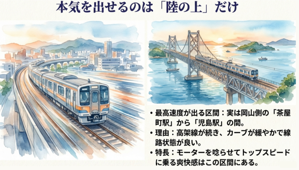岡山側の高架線を高速で走行する快速マリンライナーのイラスト。茶屋町駅から児島駅間は線形が良くトップスピードが出せる。