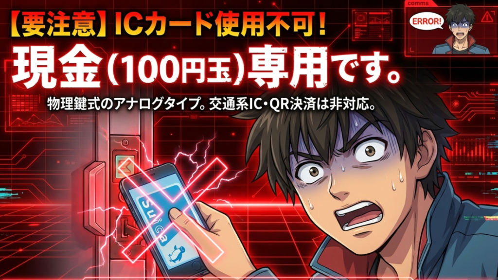 Suicaなどの交通系ICカードが使用不可で100円硬貨のみ対応であることを示す警告画像