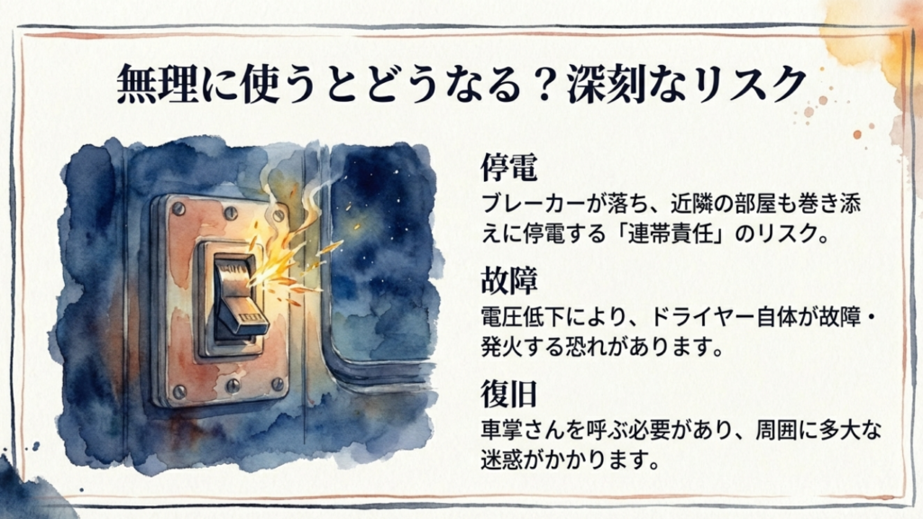 サンライズ瀬戸のドライヤー事情!コンセント利用の注意点と「使える場所」の正解 3 無理に使うとどうなる?停電(連帯責任)、故障(電圧低下)、復旧の手間(車掌呼び出し)という3つの深刻なリスク