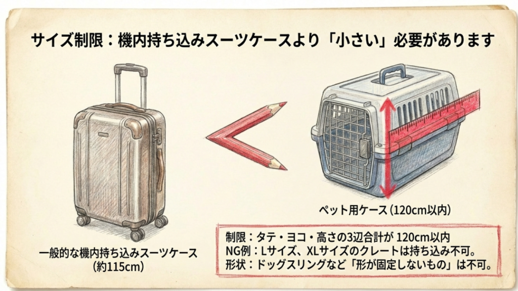 サンライズ瀬戸にペット同伴の基本:料金と個室条件を徹底解説 3 ペット用クレートのサイズ制限(タテ・ヨコ・高さの合計120cm以内)を、スーツケースや鉛筆の図で比較解説したスライド。