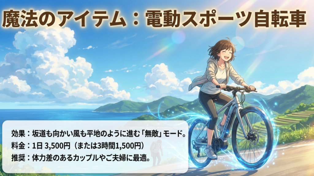 宇和島駅のレンタサイクル攻略!九島コースや料金・荷物預かりを徹底解説 6 坂道も向かい風も楽に進める電動アシスト自転車(E-BIKE)の料金とカップル利用の推奨。