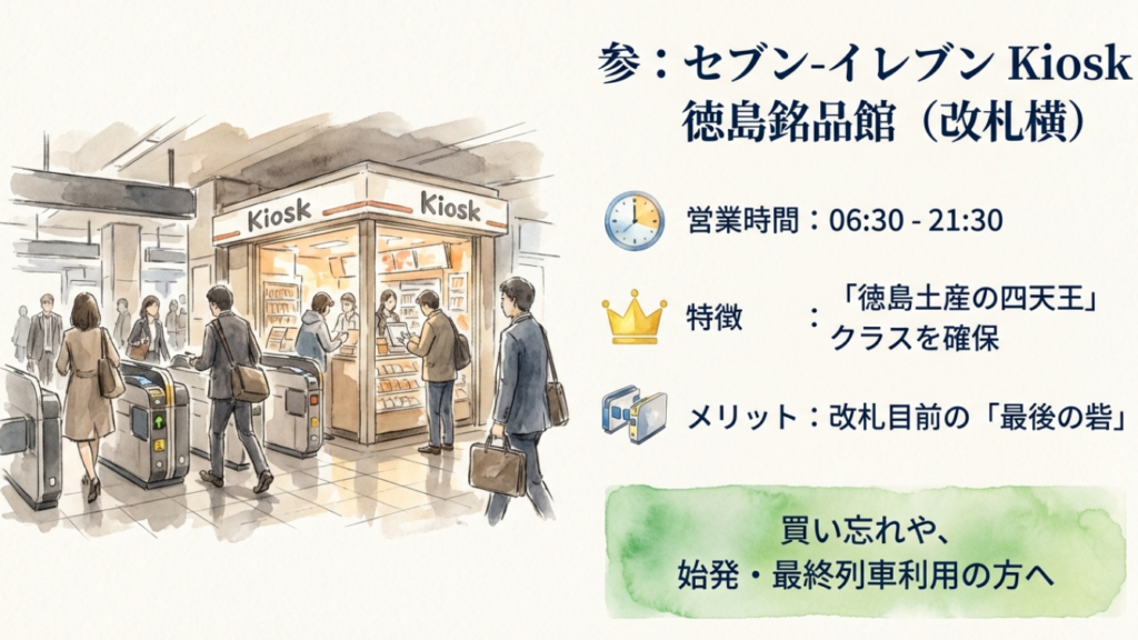 徳島駅改札口のすぐ横にあるセブン-イレブンKiosk。始発や最終列車利用時の買い忘れに便利。