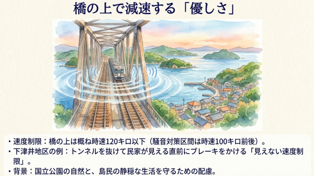瀬戸大橋を渡る列車と騒音の波紋、眼下に広がる下津井地区の民家。環境配慮と騒音対策のために減速するイメージ。