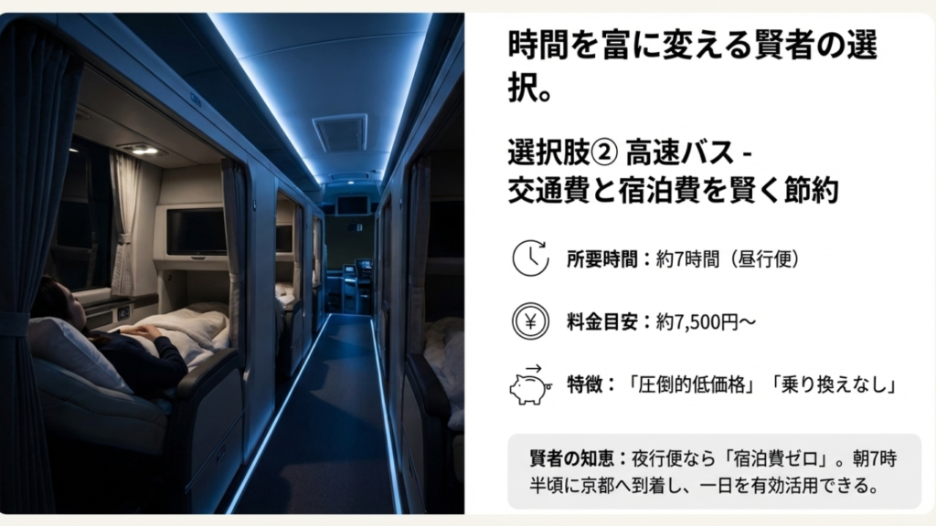 松山エクスプレス号など高速バスのスペックまとめ。所要時間約7時間、料金目安7,500円から。3列独立シートの車内写真と、夜行便による宿泊費節約効果を解説。