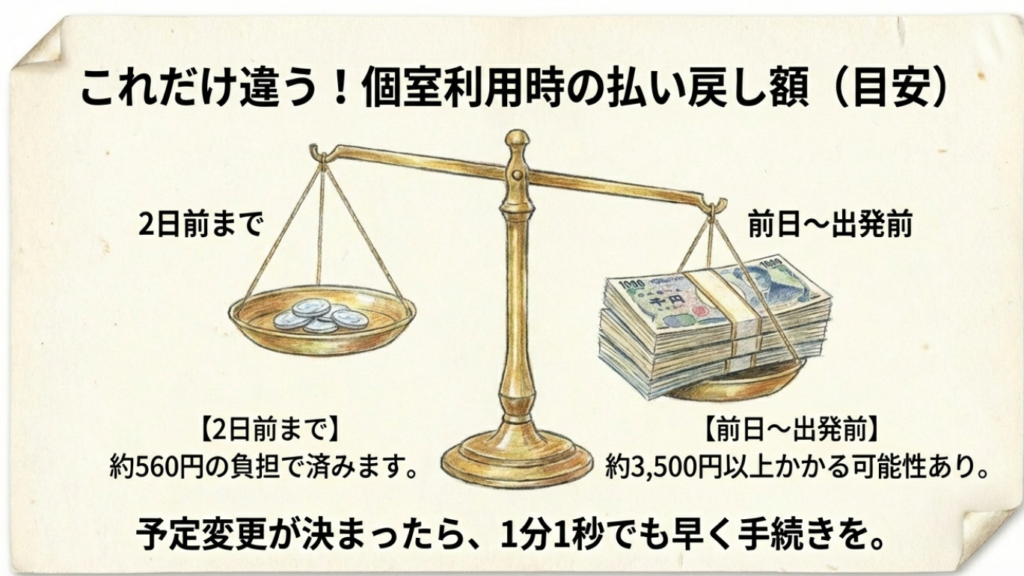 キャンセル料の比較天秤図。2日前までは約560円の負担だが、前日以降は約3,500円以上の損失になる可能性があることを示唆。