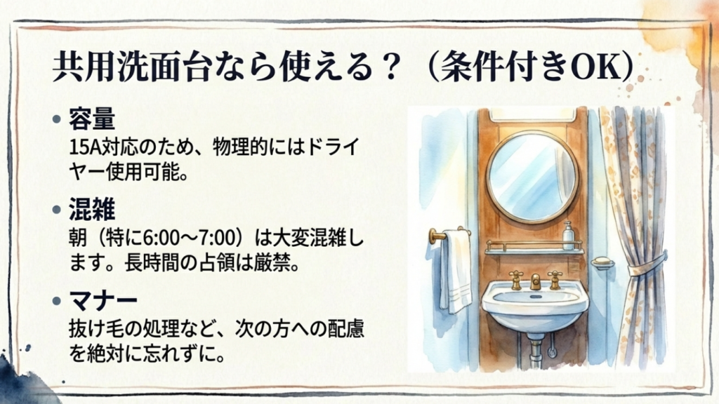 サンライズ瀬戸のドライヤー事情!コンセント利用の注意点と「使える場所」の正解 4 共用洗面台は15A対応で物理的には使用可能だが、朝の混雑時の占領厳禁や抜け毛処理のマナーが必須であることの解説
