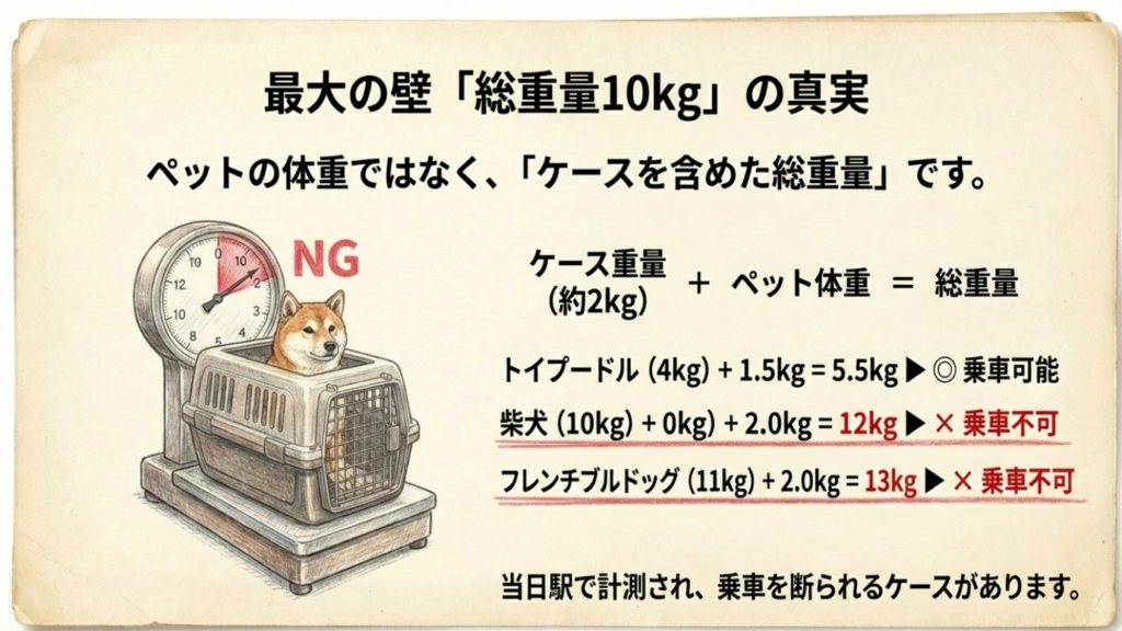 サンライズ瀬戸にペット同伴の基本:料金と個室条件を徹底解説 4 ペットの体重ではなくケースを含めた総重量が10kg以内である必要があることを示すNG例とOK例の計算スライド。
