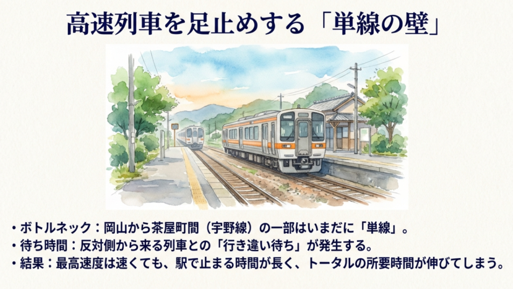 単線区間の駅で対向列車を待つ様子。瀬戸大橋線が遅いと言われる原因となるボトルネックの図解。