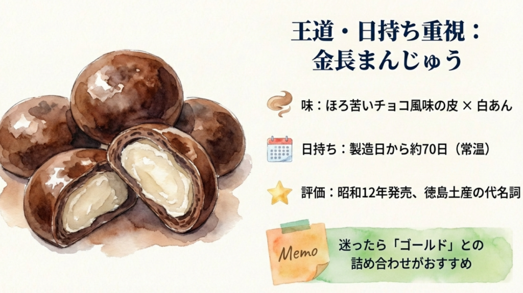 日持ちする徳島土産の定番、ハレルヤの金長まんじゅう。賞味期限は約70日でチョコ風味の皮が特徴。