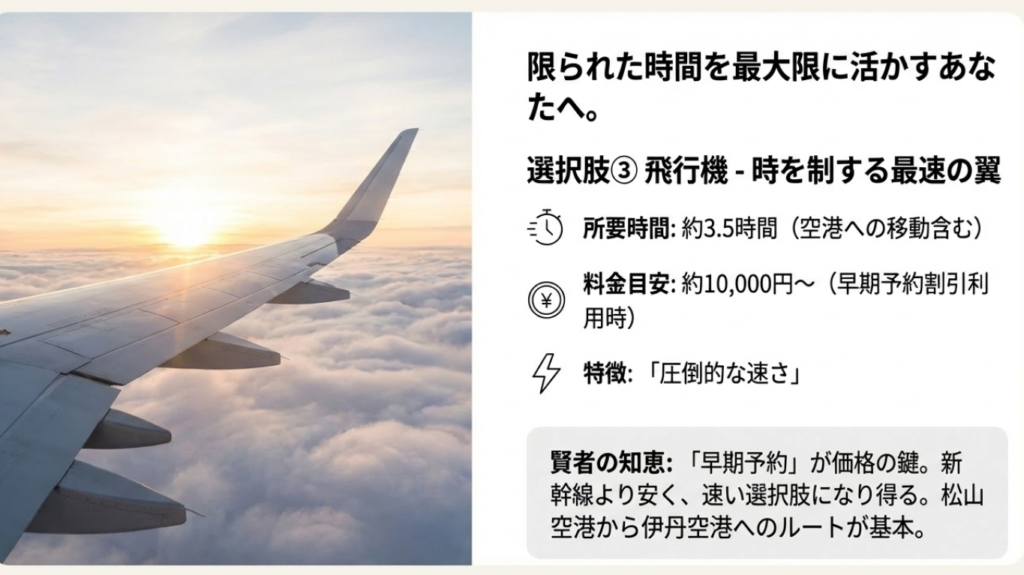 飛行機利用時のスペックまとめ。所要時間約3.5時間、早期予約で約10,000円から。松山空港から伊丹空港への最速ルートとコストの鍵となる早期予約について解説。
