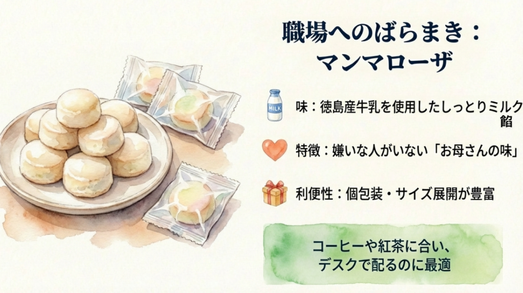 徳島県産牛乳を使用したミルク餡の洋菓子マンマローザ。個包装で職場へのばらまきお土産におすすめ。