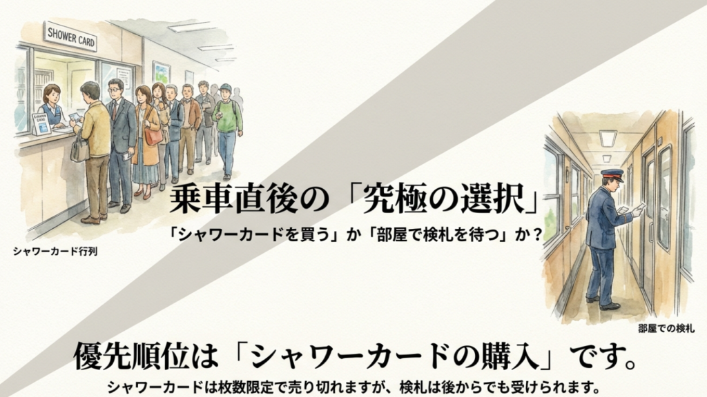 サンライズ瀬戸の検札はいつ?タイミングと切符の注意点を解説 5 シャワーカード券売機に並ぶ人々の行列イラスト
