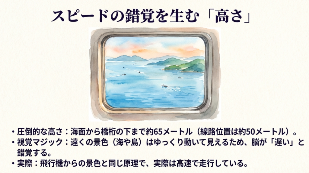瀬戸大橋線の車窓から見える穏やかな瀬戸内海の景色。高い場所を走るため遠くの景色がゆっくり動き、遅く感じる錯覚の解説。
