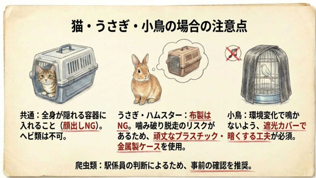 サンライズ瀬戸にペット同伴の基本:料金と個室条件を徹底解説 5 猫、うさぎ、小鳥をサンライズ瀬戸に持ち込む際の適切なケースと、目隠しカバーなどの対策をまとめたイラストスライド。