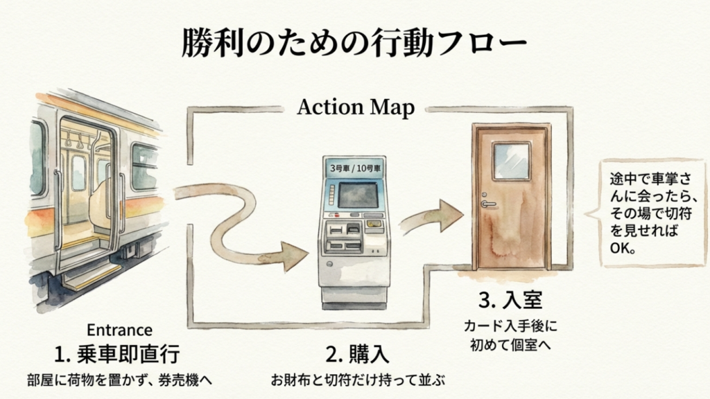 サンライズ瀬戸の検札はいつ?タイミングと切符の注意点を解説 6 シャワーカード購入のための行動フロー図:乗車→券売機へ直行→購入→入室