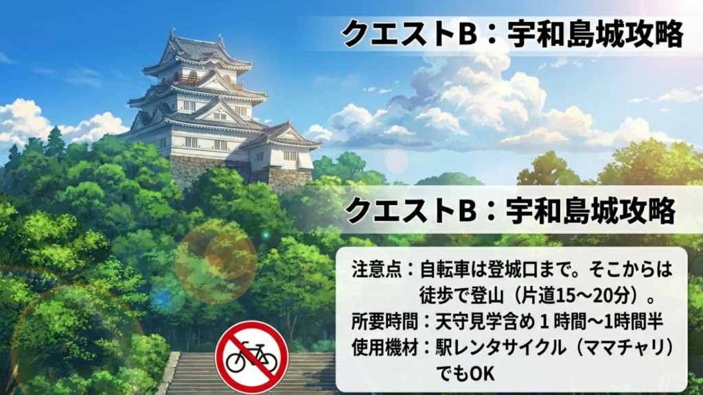 宇和島駅のレンタサイクル攻略!九島コースや料金・荷物預かりを徹底解説 12 宇和島城は自転車で天守閣まで行けない。登城口に駐輪して徒歩で登る必要がある。