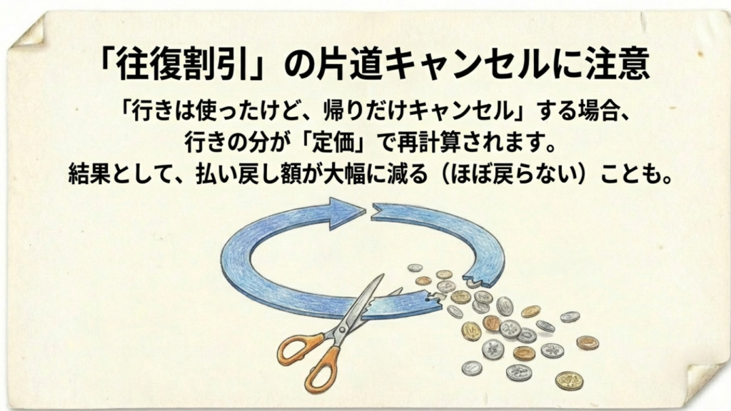 往復割引の片道キャンセルにおける損失イメージ。行きを使った後に帰りだけキャンセルすると、割引分が再計算されて払い戻し額が減ることを示す図。