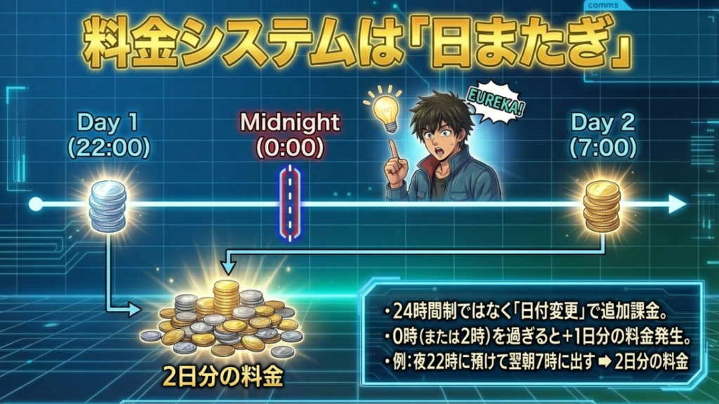 24時間制ではなく日付変更（暦日制）で追加料金が発生するコインロッカーの課金システム図解