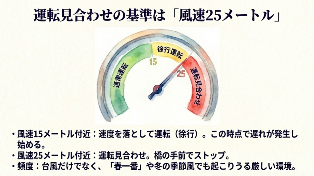 風速15mで徐行、25m付近で運転見合わせとなる基準を示したメーターのイラスト。