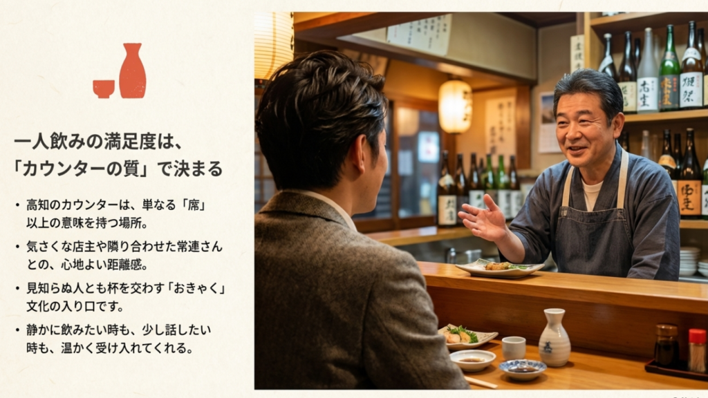 高知の一人飲みはカウンター席がおすすめ。店主や常連客との会話やおきゃく文化を楽しめる、心地よい距離感の席 。