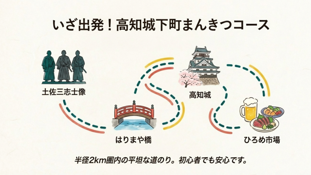 高知駅前に立つ坂本龍馬・武市半平太・中岡慎太郎の銅像シルエット。高知城やひろめ市場を巡る平坦な観光ルートの象徴 。